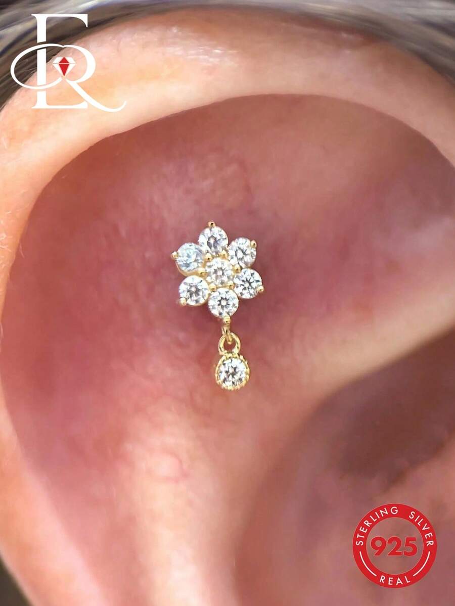 EleRunis 1 pieza Pendientes de botón de bola sin costuras de flor de plata de ley 925, adecuados para uso diario, boda, fiesta, compromiso, aniversario, Día de San Valentín y otras ocasiones