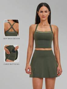Ensemble yoga nude pour femmes MFVIM, tenue de tennis à dos croisé séchage rapide, leggings décontractés polyvalents en tissu doux et agréable pour la peau, pantalon de yoga, convient pour le trajet, l'extérieur, la course, le cyclisme, le yoga, le pilates, l'entraînement en salle de gym - Vert sapin - Voir 4