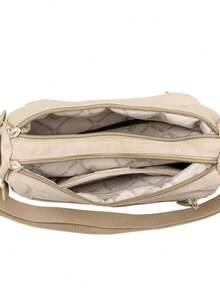 1 buah Tas Selempang Kasual Serbaguna Kapasitas Besar Multi-Kompartemen Bahan Nylon Warna Polos dengan Penutup Resleting, Cocok untuk Wanita Saat Bepergian, Berkumpul, Berbelanja, dan Berwisata - Krem - View 2