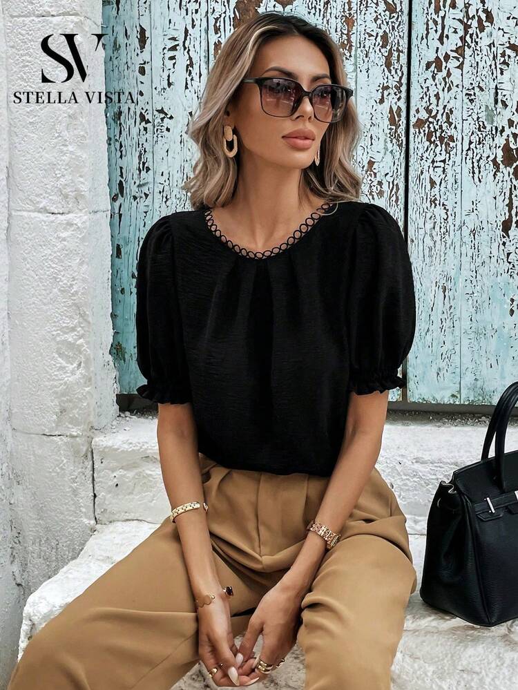 Elegant Women's Cotton Blouse With Short Puff Sleeves, Ideal For Summer. - màu đen - Xem 5