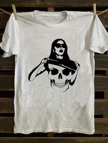 Camiseta unisex, para hombre Grande & Alto Negro & Blanco Retro Pin-Up & Cráneo Cap Gráfico Tee - Cómodo Tripulación Cuello Corto Manga, Flexible Para todas las estaciones Material, Informal Ropa urbana & Temático Fiesta Attire,ropa de mujer blusas para dama casuales camisas de mujer blusa blusas para mujer camisas,Daily casual Conjunto, Regular Ajuste, Diario Coincidencia, Gráfico Estampado, Deportivo casual - Blanco - Ver 5