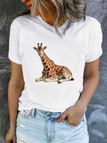 Casual Crew Neck T-Shirt, Plus Size Women's T-Shirt, Women's Printed T-Shirt With A Fun Sitting Giraffe Design, Machine Washable, Casual And Versatile, Loose And Comfortable, A Perfect Gift For A Good Friend - 白色 - 查看 8