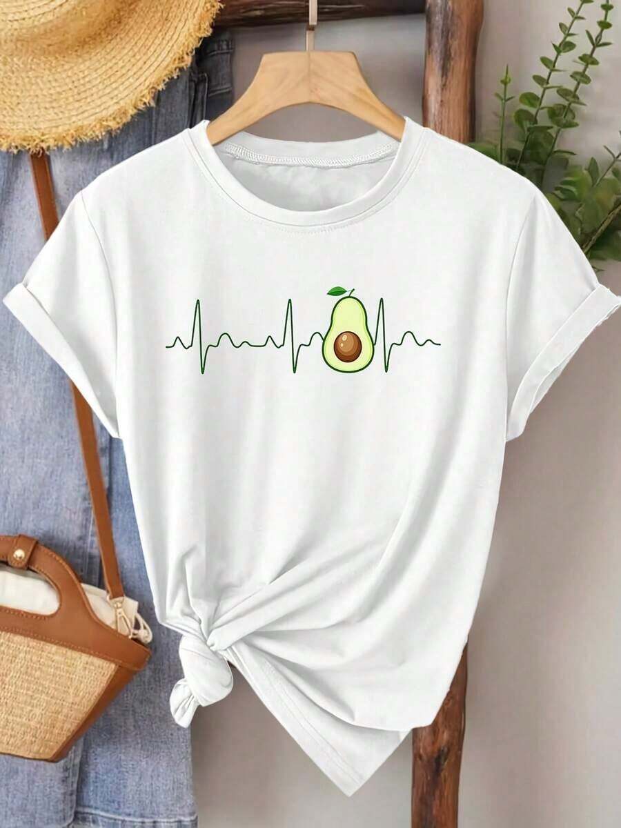 Camiseta de manga corta elegante para mujer, con estampado de aguacate y ECG, cuello redondo, a la moda, cómoda, suave, transpirable, nueva, versátil para el día a día, vacaciones, estilo casual vintage, disponible en tallas S-XXL, 100% algodón. - Blanco - Ver 1