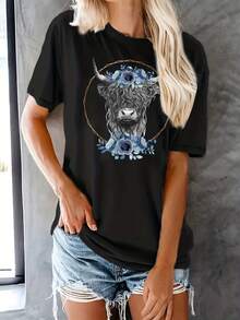 Camiseta con estampado de cabeza de vaca, top casual de manga corta y cuello redondo para verano y primavera, ropa de mujer. - Negro - Ver 7