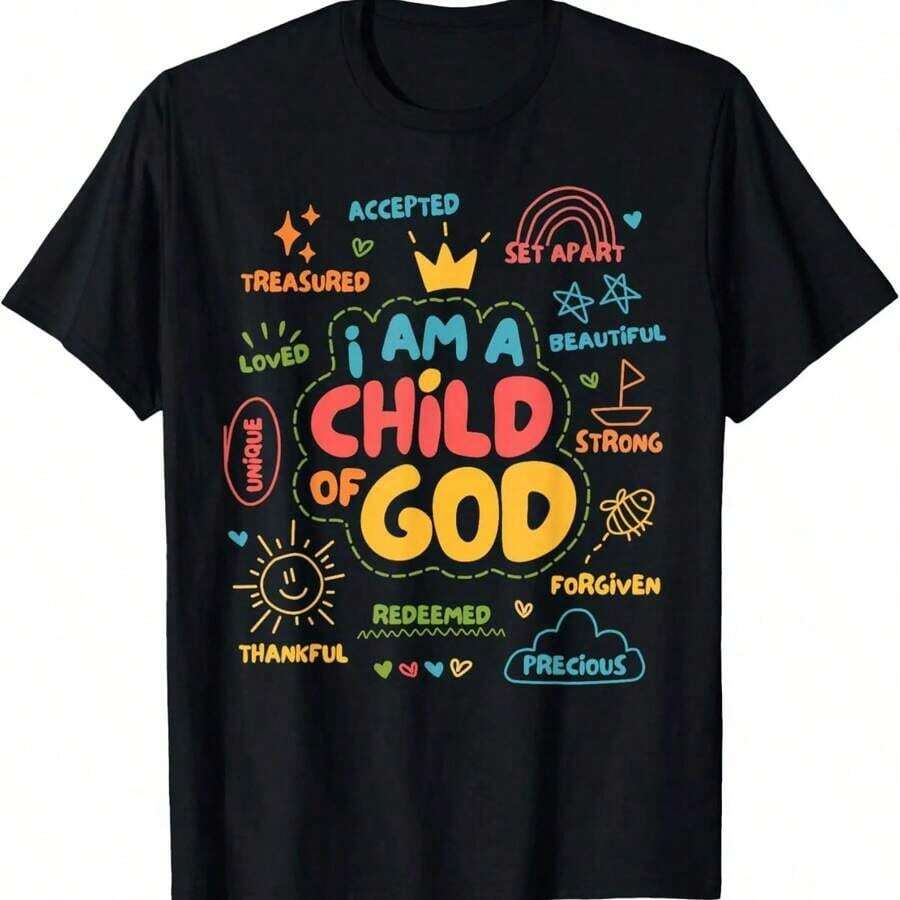 Nueva Camiseta Casual de Verano [100% Algodón] HIPTEE - Diseño Retro Cristiano 'Soy un Hijo de Dios' - Regalo de Fe en Jesús - Unisex para Mujer y Hombre - Uso Diario en el Campus - Estilo Urbano Vintage - Camiseta Holgada de Algodón de Manga Corta y Cuello Redondo - Negro - Ver 1