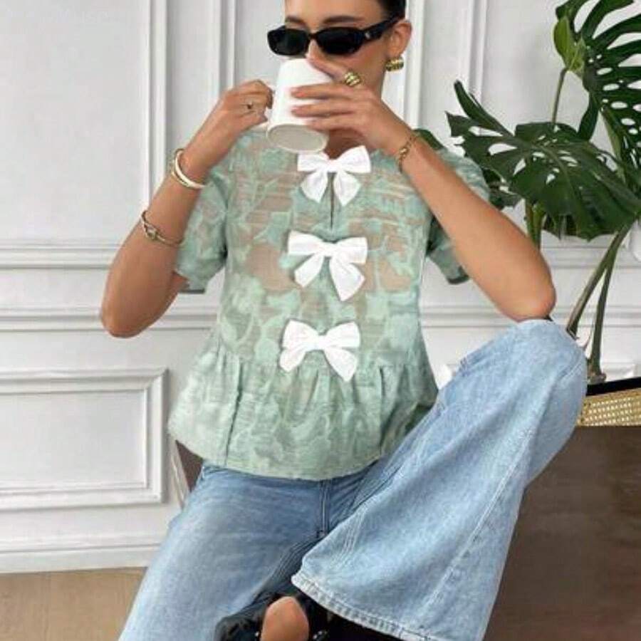 Camisa de manga corta con lazo y diseño de color contrastante para mujeres - Verde - Ver 1