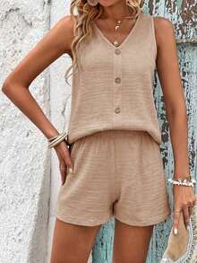 LUNE Conjunto De Camiseta Sin Mangas Y Pantalones Cortos De Color Sólido Para Mujer Con Cuello En V - Caqui - Ver 1