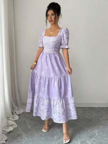 xheElenzga Vestido casual/de trabajo de manga corta con cuello cuadrado y cintura ceñida en línea A con estampado para mujerxhe - Púrpura malva - Ver 6