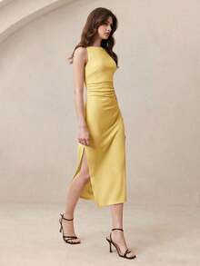 xheBizChic Vestido de tirantes finos con cintura fruncida y abertura lateral en color crema amarillento, moderno y elegante para uso urbano y diario, con estilo romántico retro de los 90. Adecuado para Navidad, Año Nuevo, San Valentín, fiestas, playa, graduación, moda, festivales, vacaciones, invitados de boda, anfitriona, citas, fiestas, conciertos, brunch, aeropuertoxhe - Amarillo - Ver 4