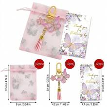 36pcs/12sets Butterfly Shaped Keychain Wedding Party Favor Gift Set, Includes Organza Bags, Thank You Cards, Metal Rings, Tassel Keyrings, Suitable For Wedding, Birthday, Event Decoration And More - Pink Butterfly Tassel Keychain - View 5
