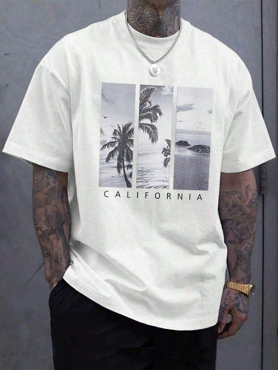 Men's Tropical Print T-Shirt - 白色 - 查看 1