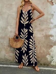 Vestido casual largo de punto elástico para mujer, cómodo y de moda para primavera/verano, vacaciones, adecuado para verano, vacaciones, con estampado vintage de flores, hojas y tropical - Azul marino - Ver 3