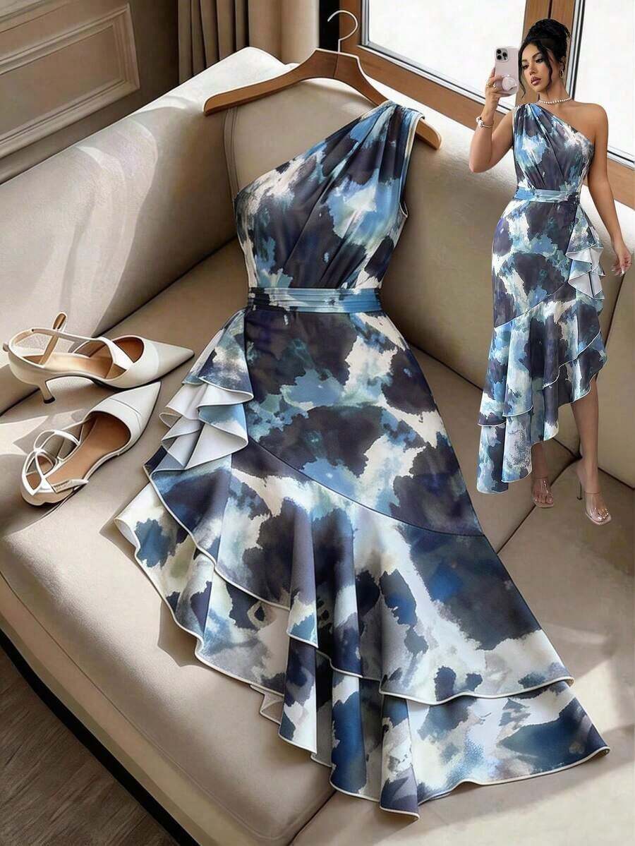 Vestido de mujer con estampado teñido borroso de un solo hombro con diseño de volante de dobladillo irregular, vestido de primavera/verano, vestido con diseño de dobladillo irregular, elegante y de moda, adecuado para uso diario, bodas, banquetes, viajes diarios, fiestas de graduación, eventos festivos, vacaciones - Azul - Ver 1