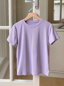 Camiseta de manga corta de cuello redondo de color liso para verano - Morado - Ver 8