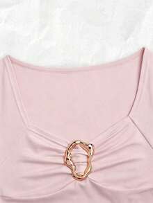 Blusa casual de mujer para primavera/verano con cintura ceñida, mangas raglán, cuello ancho, decoración de hebilla metálica, para uso diario, vacaciones y citas - Rosa Pálido - Ver 5