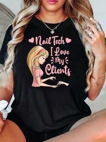 Camiseta de Mujer con Diseño de Técnico de Uñas "Nail Tech I Love My Clients", con un Diseño de Técnico de Uñas en Estilo Cartoon, Manga Corta Casual en Rosa Dulce y Amarillo, Perfecta para Uso Profesional Diario. - Negro - Ver 1