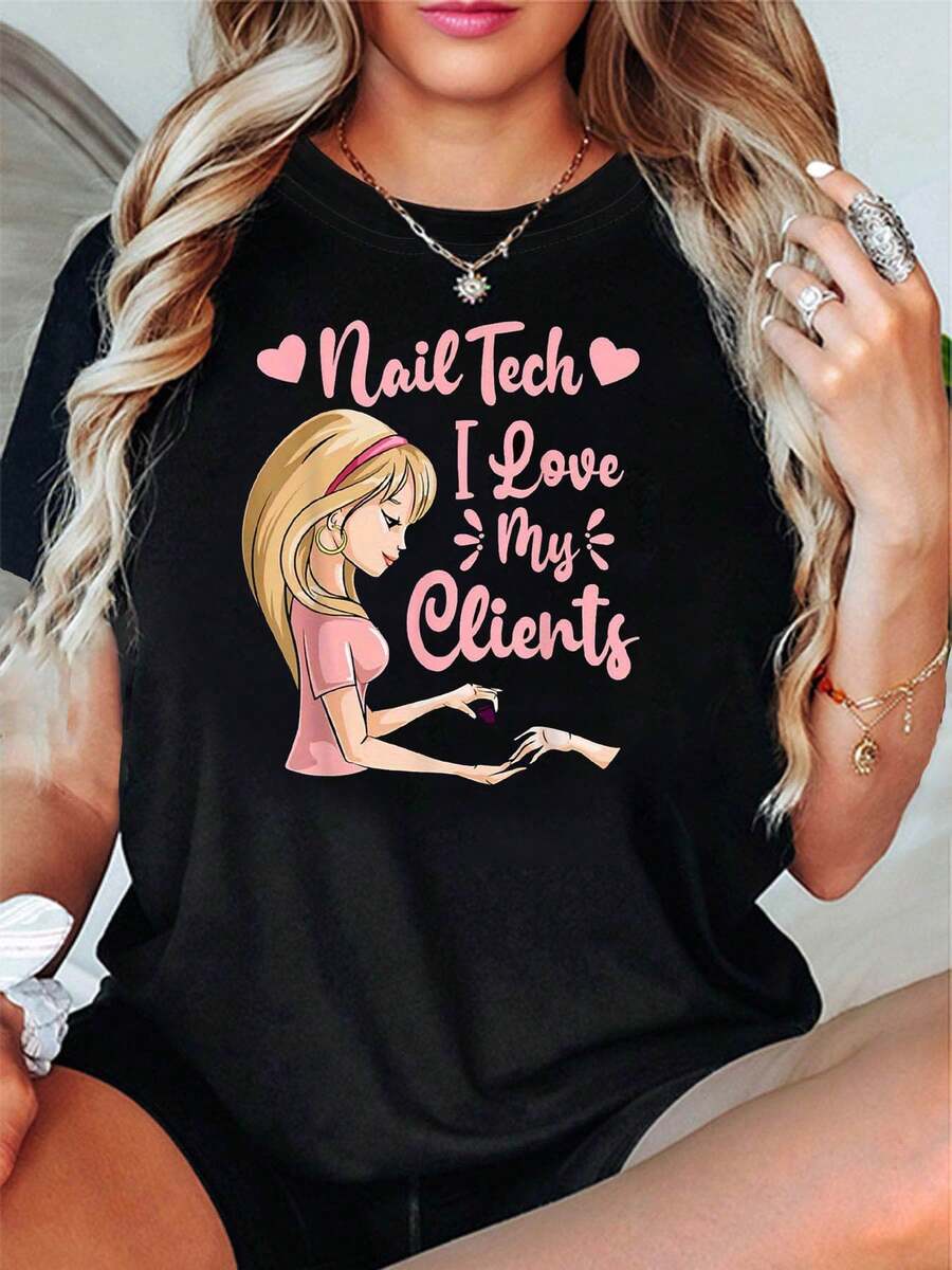 Camiseta de Mujer con Diseño de Técnico de Uñas "Nail Tech I Love My Clients", con un Diseño de Técnico de Uñas en Estilo Cartoon, Manga Corta Casual en Rosa Dulce y Amarillo, Perfecta para Uso Profesional Diario. - Negro - Ver 1