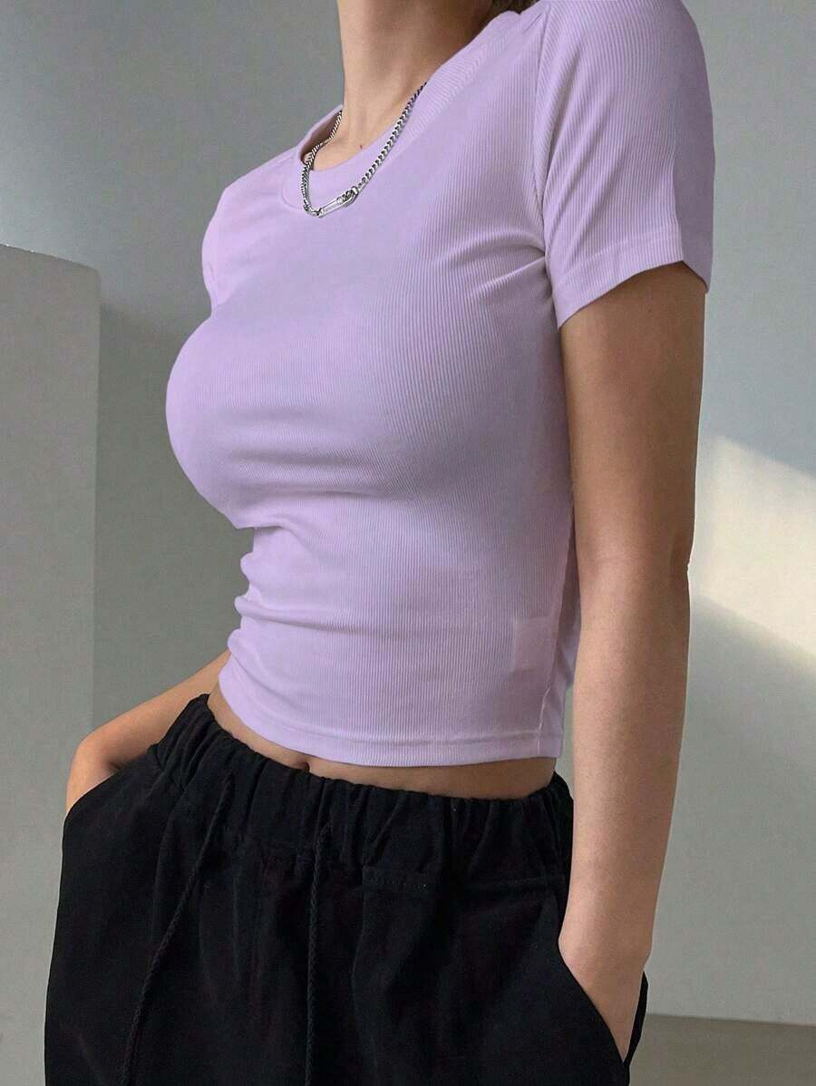 Camiseta Casual De Manga Corta Con Cuello Redondo Y unicolor Para Mujer En Verano - Morado - Ver 1
