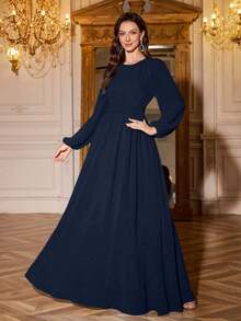Vestido de dama de honor de manga linterna de unicolor elegante y extra largo - Azul marino - Ver 5