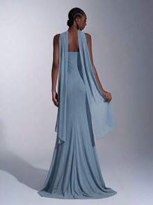 Vestido elegante de tela de gasa sin tirantes con forma de sirena, cintura baja, plisado lateral y drapeado (desmontable, multiusos) adecuado para citas, vacaciones, bodas, compras, uso diario, vestido de dama de honor - Niebla azul - Ver 2