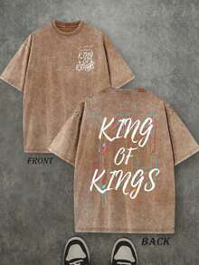 Camiseta Retro Lavada con Estampado a Doble Cara (Camiseta de 230 g de Algodón Puro) con Estampado de Letras y Corona 'YHWH REY DE REYES', Camiseta para Hombre, Casual, Cómoda, a la Moda, Estilo Urbano de Algodón - Café integral - Ver 7