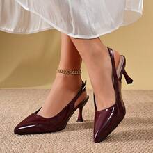 Patent Leather Kitten Heel Pointed Toe Backless Shoes, Suitable For Summer Outfits. Office, Party And Daily Commute - Burgundy - View 12