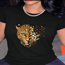 1 pieza de Playera corta 100% algodón, cuello redondo casual con estampado, estampado de tigre retro y manga corta transpirable para uso diario - Negro - Ver 2