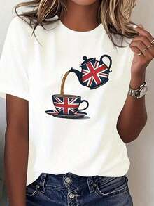 Camiseta de Algodón Casual de Última Moda para Mujer - Camiseta con Diseño Británico para la Hora delé - Diseño de Tetera y Taza con la Bandera Union Jack - Top Casual Suave - Para Todas las Temporadas - Ropa con la Bandera Británica, Adecuada para Uso Diario y Eventos Temáticos, Estilo Patriótico, Estampado Divertido, Tela Cómoda - Estilo Casual Versátil adecuado para el verano. - Blanco - Ver 2