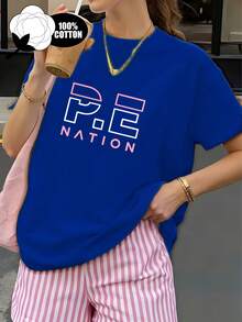 Women's 100% Cotton T-Shirt - PE Letter Print, Casual Short Sleeve Crew Neck, A Summer Essential For Everyday Wear, Easy And Comfortable Top, Machine Washable Basic Women's T-Shirt - 藍色 - 查看 1