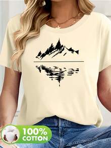 Women's 100% Cotton Short Sleeve T-Shirt With Subtle Outdoor-Themed Patches - Casual Spring And Summer Blouse, Machine Washable, Ideal For Picnics And Casual Wear, Non-Outdoor Printed T-Shirts - 杏 - 查看 1