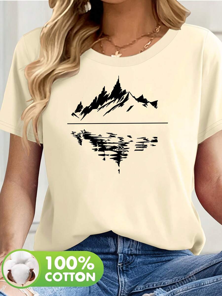 Women's 100% Cotton Short Sleeve T-Shirt With Subtle Outdoor-Themed Patches - Casual Spring And Summer Blouse, Machine Washable, Ideal For Picnics And Casual Wear, Non-Outdoor Printed T-Shirts - 杏 - 查看 1