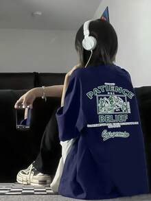 Women's Graphic T-Shirt With Y2K-Inspired Print, Round Neck And Short Sleeves, Ideal For Spring/Summer/Autumn, With Mountain And Star Design, Brown Color. - Navy Blue - View 1