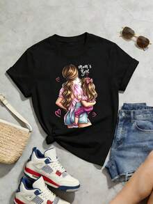 Camiseta de manga corta con cuello redondo suave y casual para mujer, con estampado gráfico "The Mom's Girl", adecuada para uso casual en primavera y verano. Negro. - Negro - Ver 5