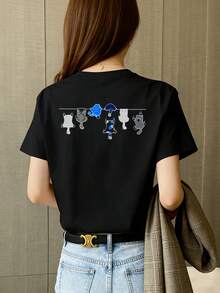 This 100% Cotton Short-Sleeved T-Shirt Features A Cat Design Adorned With Fun Cartoon Illustrations. Its Cute And Relaxed Style, Loose And Casual Fit, Breathable And Skin-Friendly Fabric, Easy-To-Match Design, Durability, Affordability, And Machine Washability Make It Perfect For Those Who Love Adorable Designs. It's A Quality Garment For Everyday Wear, Work, Sports, And Casual Outfits. Unisex, Suitable For Family Outings. - 黑色 - 查看 1