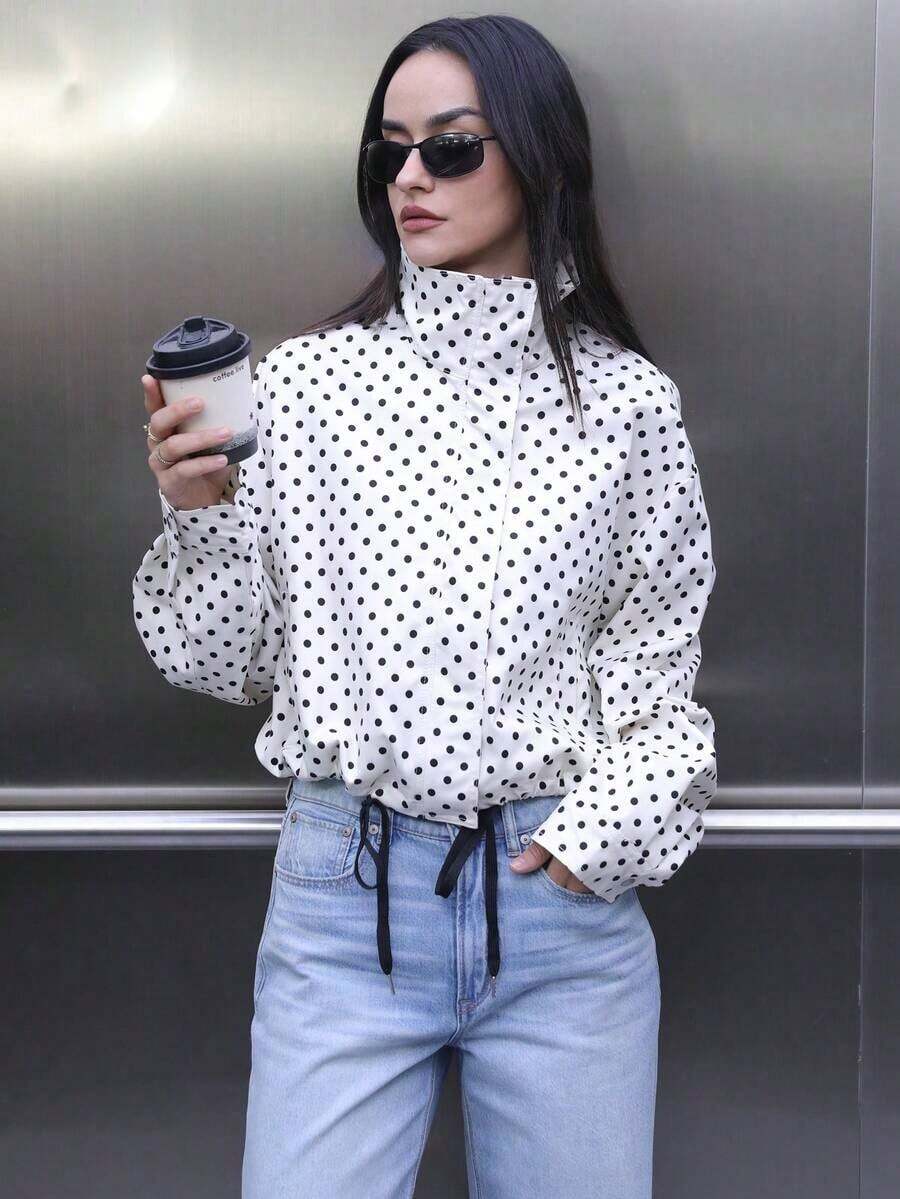 Women's Autumn Clothing Winter Clothing Polka Dot Winter Coat Women's Short Jackets Coats Long Sleeve Blouses Ladies Zip-Up Jackets Spring And Autumn Short Coats New Streetwear Zip-Up Short Jacket - 彩色 - 查看 1