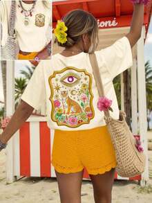 Women's Casual T-Shirt, Mysterious Tiger Art T-Shirt - Surrealist T-Shirt, Pink And Gold Tiger T-Shirt For Summer (Sweet And Refreshing, For Teenagers, Unisex) - 杏 - 查看 4