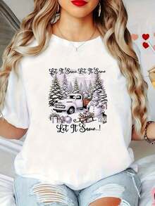 Plus Size - Plus Size T-Shirt, Plus Size Women's T-Shirt With Christmas Print, Casual White Short Sleeve T-Shirt With Round Neck, Relaxed Streetwear. - 白色 - 查看 9