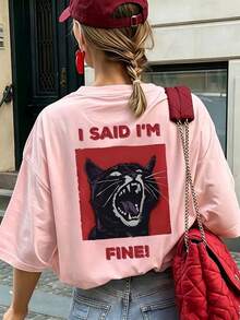 Camiseta holgada de mujer con hombros caídos - Estampado divertido de gato enojado con la frase "Estoy bien", estilo callejero con memes interesantes, top casual de cuello redondo suave y transpirable, adecuada para reuniones de fin de semana, festivales de música, noches de fiesta, para mujeres y adolescentes amantes de los gatos, color rosa. - Rosa - Ver 1