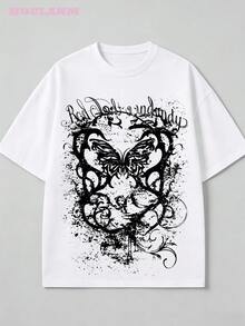 Camiseta Casual de Verano para Mujer "Butterfly Grunge" con Estampado Gráfico Retro, Camiseta Casual de Manga Corta Estilo Y2K Goth - Blanco - Ver 2