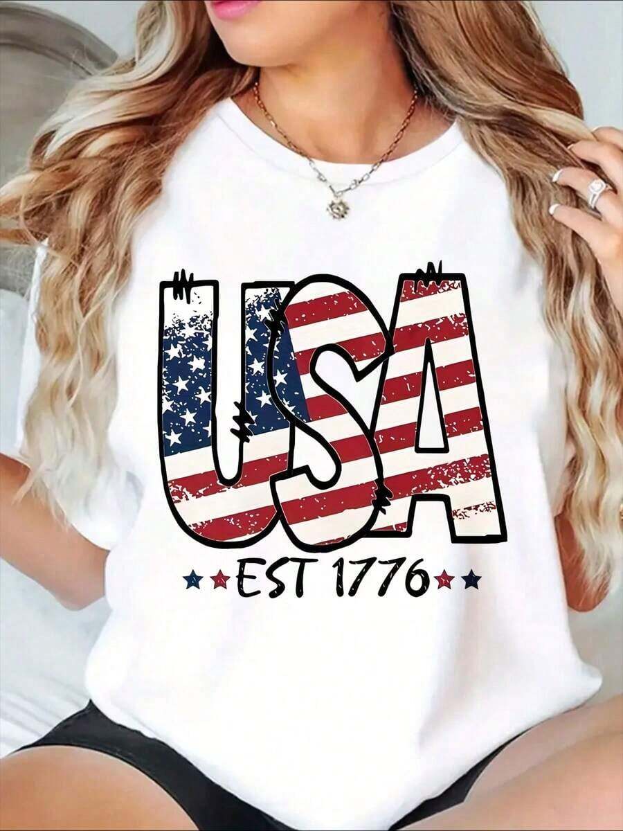 Patriotic US Independence Day T-Shirt With American Flag Design Est. 1776, Celebrate National Pride For 4th Of July Events And American Holidays - Vintage Urban Style, Unisex, 100% Pure Cotton, Short Sleeve, Crew Neck - 白色 - 查看 1