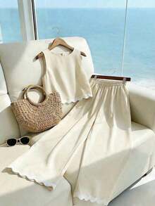 Conjunto de 2 piezas de mujer con tirantes de punto ondulado de color contrastante, adecuado para citas, uso diario, oficina, viajes, casual, vacaciones - Blanco - Ver 8