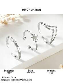 Set de 3 anillos abiertos y ajustables minimalistas para mujer con decoración de estrella y textura de ola, adecuados para uso diario, citas y fiestas - 3 piezas - Ver 7
