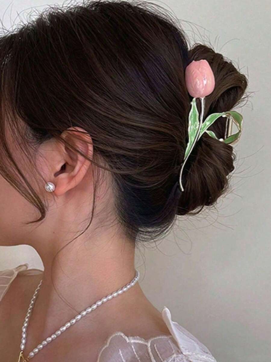 1 chiếc kẹp tóc hình hoa hồng đính ngọc trai giả thời trang, thích hợp để sử dụng hàng ngày. - Vàng - Xem 1