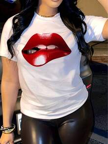 2026Camiseta de manga corta para mujer con estampado de labios rojos - Suave, cuello redondo, parte superior casual adecuada para verano y primavera, lavable en máquina, camiseta para mujer2026 - Blanco - Ver 10