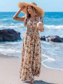 Vestido largo de línea A con mangas de campana, cintura con cordón y dobladillo con volantes, estampado de colocación, vestido de vacaciones informal para mujer - Caqui - Ver 3