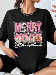 Women's T-Shirt With Pink Merry Christmas Ornament Design, Festive Graphic T-Shirt For Christmas Celebration - Black - View 1