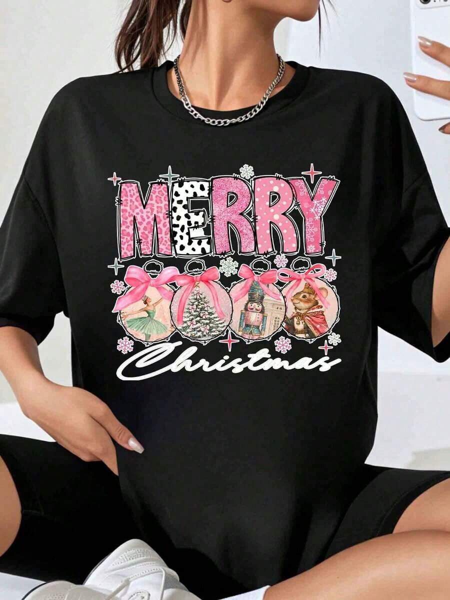 Women's T-Shirt With Pink Merry Christmas Ornament Design, Festive Graphic T-Shirt For Christmas Celebration - Black - View 1