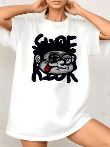 Camiseta de Mujer con Estampado Gráfico Divertido de Dibujos Animados, Estilo Urbano, Diseño de Mono Atrevido, 100% Algodón, Cuello Redondo, Manga Corta, Corte Holgado, Color Negro, 1 Pieza. Son Excelentes Regalos para Amigos y Familiares, Estilo Casual. - Blanco - Ver 7