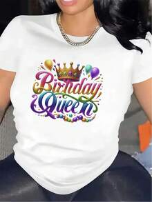 Birthday Queen T-Shirt | Lightweight And Durable Fabric, Ideal For Celebrations In The Dining Room Or Living Room, Comfortable Fit, T-Shirt With Festive Balloon And Crown Print, Round Neck, Medium Stretch Fabric, Everyday Wear. - 白色 - 查看 1