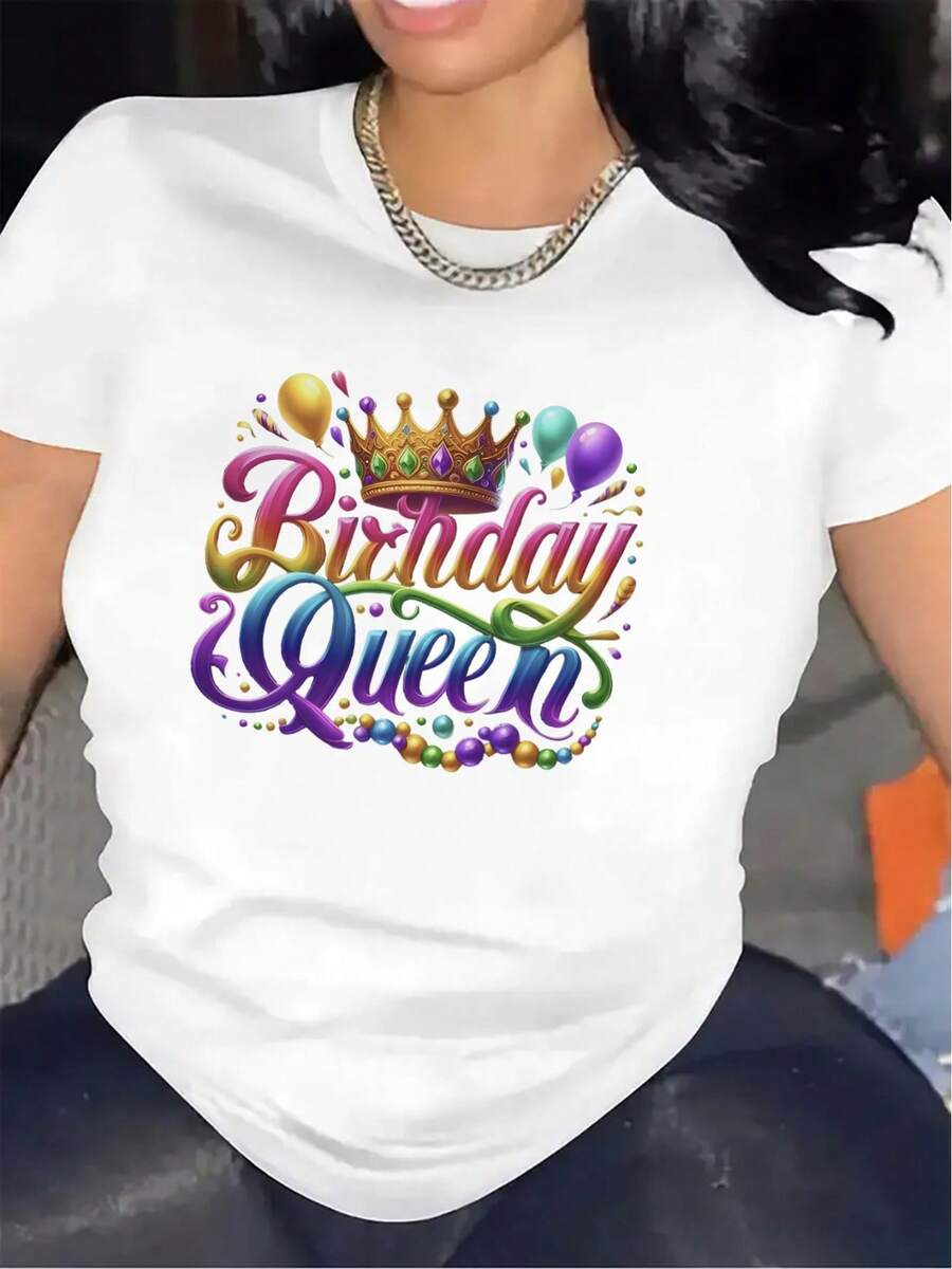 Birthday Queen T-Shirt | Lightweight And Durable Fabric, Ideal For Celebrations In The Dining Room Or Living Room, Comfortable Fit, T-Shirt With Festive Balloon And Crown Print, Round Neck, Medium Stretch Fabric, Everyday Wear. - 白色 - 查看 1